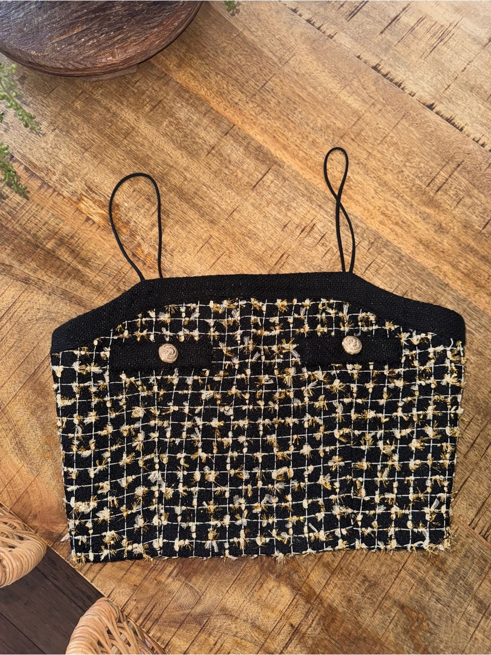 Black Tweed Crop Top with Gold Threading